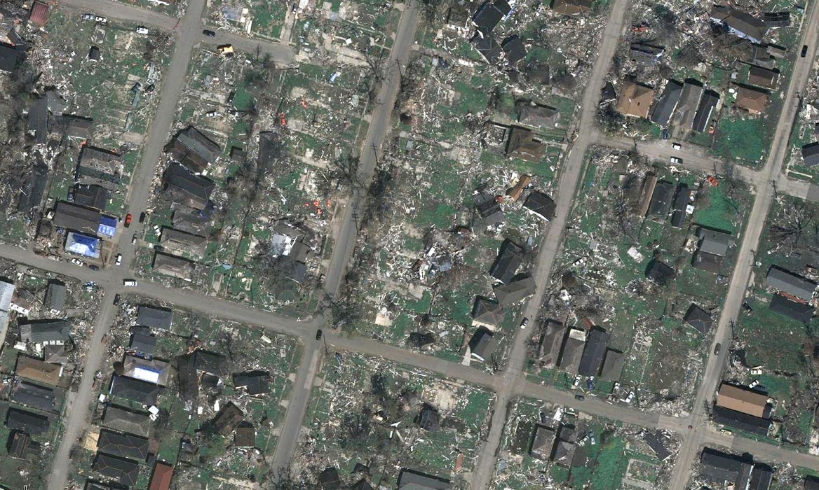 <p>As shown in this aerial photograph, the Lower Ninth Ward suffered some of the most devastating effects of Hurricane Katrina in New Orleans.</p>