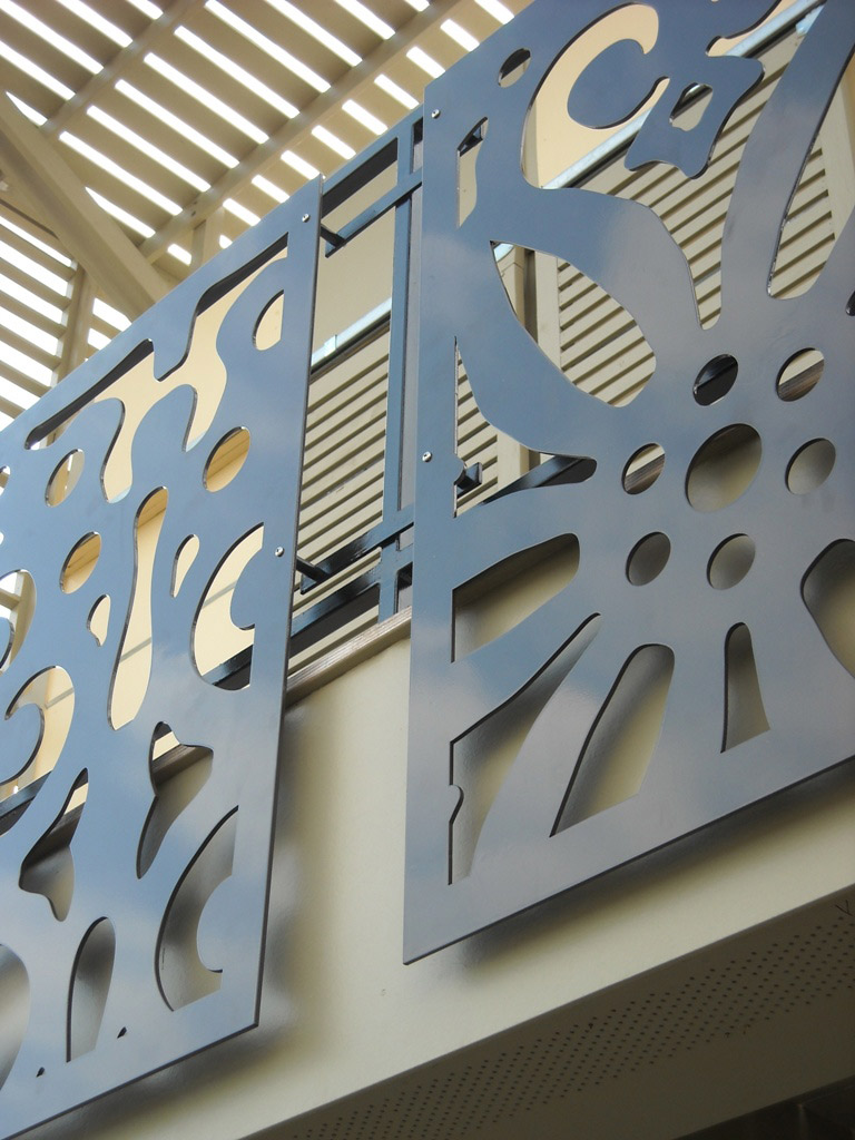 <p>An ornamental railing was fabricated by A. Zahner Company from aluminum sheet cut with a water jet.</p>