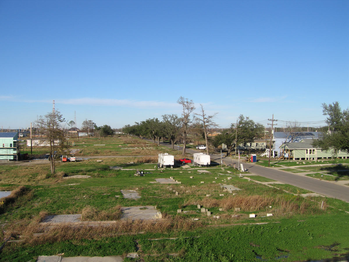<p>The low-lying site shows few standing residences in the Lower Ninth Ward neighborhood post-Hurricane Katrina. Designs for Make It Right homes needed to meet federal flood standards, and each needed to include an area of refuge on the roof in case of flooding.</p>