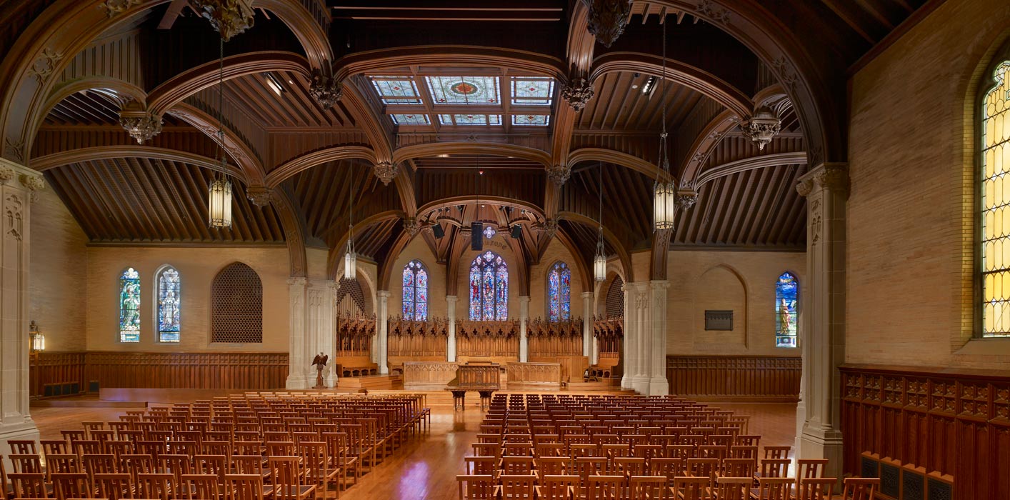 <p>The 125 year-old Houghton Chapel was restored to its original beauty in the first phase of renovation. All building systems were replaced, acoustics were improved, and the building was enhanced with handicap accessibility features, including a discreet ramp to the altar. <br><small>&copy; Halkin Photography LLC</small></p>