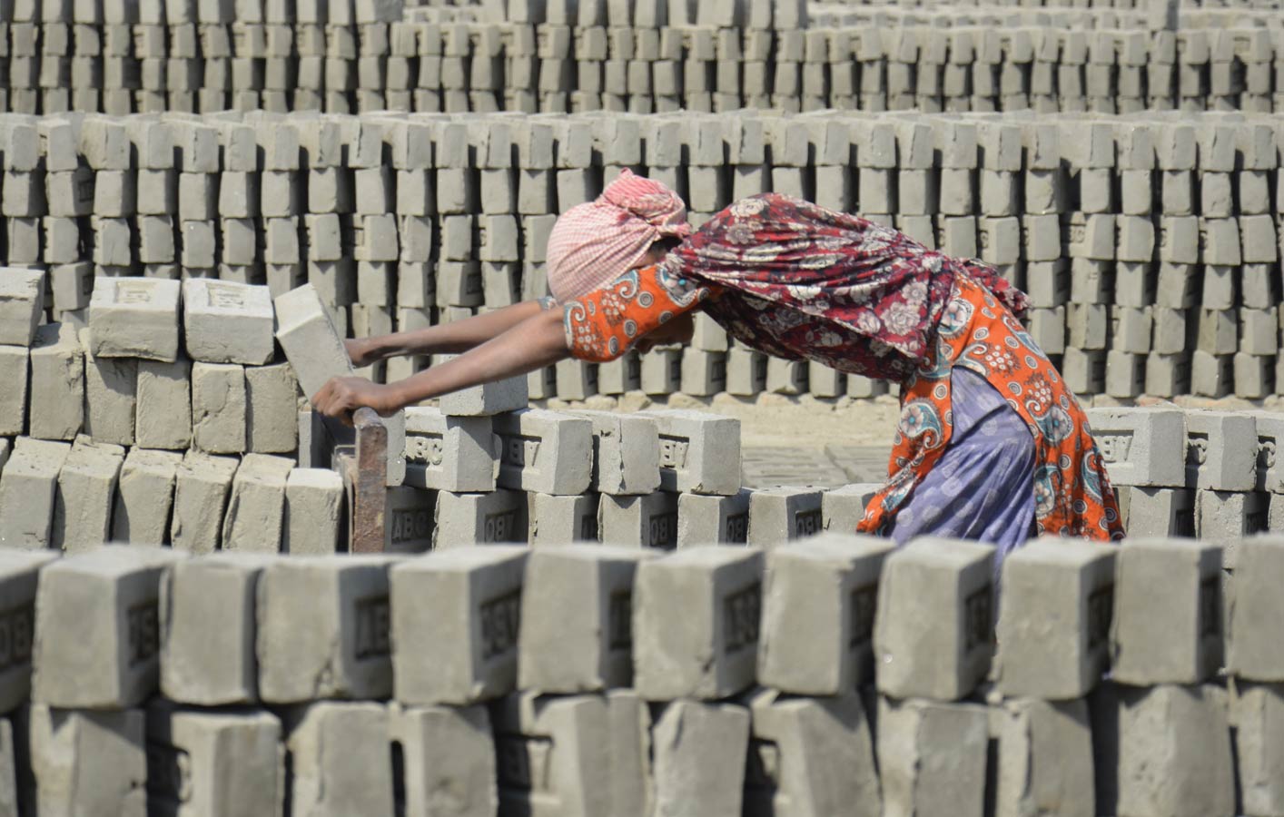 <p>A brick kiln worker pushes a cart of green bricks (week-old, air-dried bricks) among stacks of drying bricks in Savar district.</p>