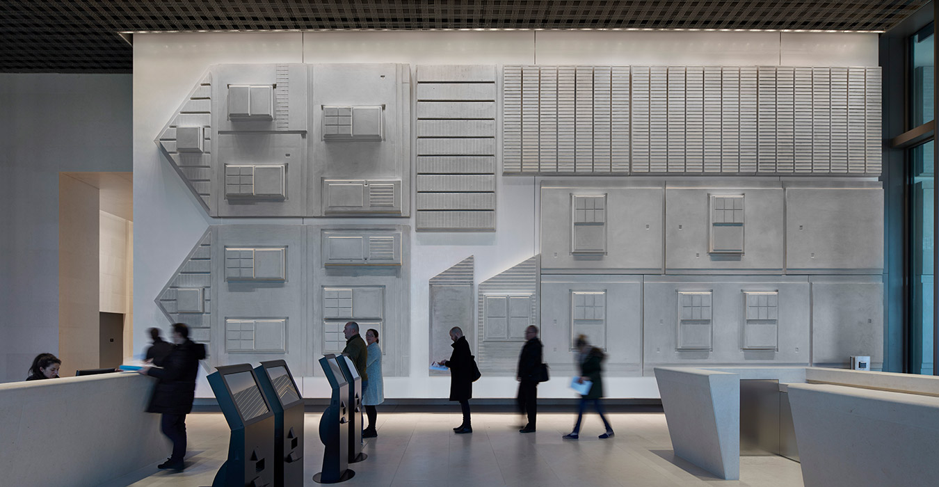 <p>The Embassy lobby features a monumental art installation by American artist Rachel Whiteread. <i>Entitled US Embassy (Flat pack house)</i>, the piece is a concrete casting of a typical 1950s American home.<small><br> &copy;Richard Bryant</small></p>